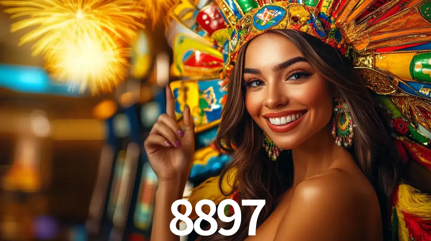 Mulher sorridente com um cocar de carnaval vibrante e colorido, celebrando uma grande vitória nos jogos do cassino 8897 com fogos de artifício ao fundo.