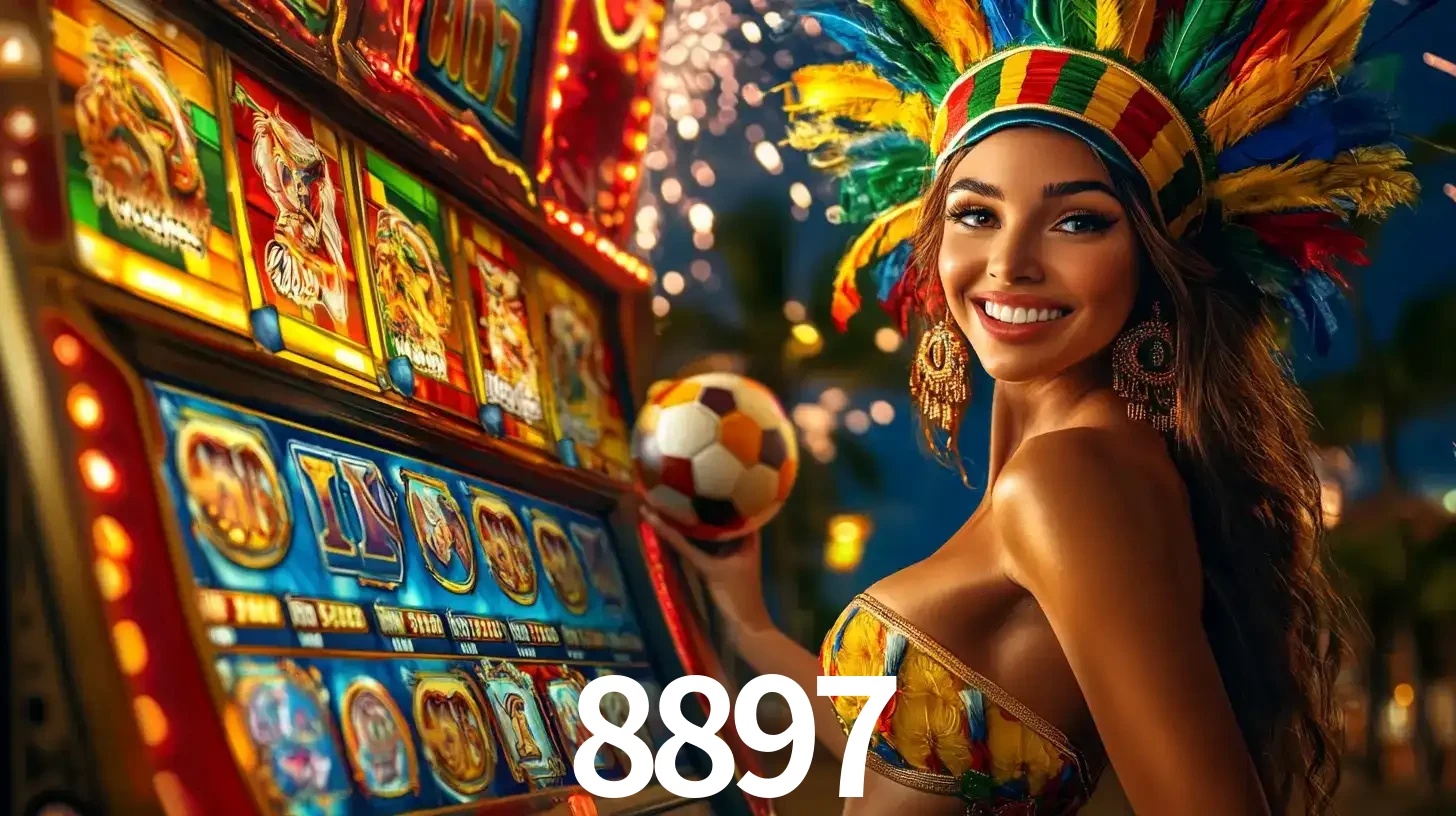 Mulher com um cocar de carnaval ao lado de uma máquina de caça-níqueis enquanto segura uma bola de futebol, mostrando a união da diversão de cassino e esportes no 8897.