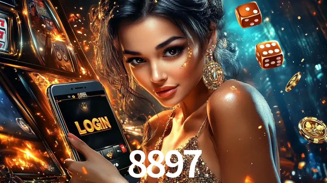 Mulher glamourosa segurando um celular com a tela de login do cassino 8897, rodeada por dados e moedas douradas, pronta para começar a diversão.