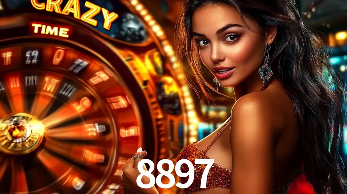 Mulher ao lado da roda de prêmios do jogo de cassino ao vivo Crazy Time, um dos shows de jogos mais emocionantes oferecidos pela plataforma de apostas 8897.