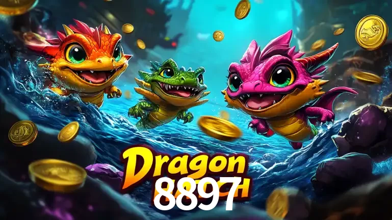 Arte promocional do jogo Dragon Hatch com três adoráveis dragões bebês nadando entre moedas de ouro, um dos slots mais divertidos para jogar no cassino 8897.
