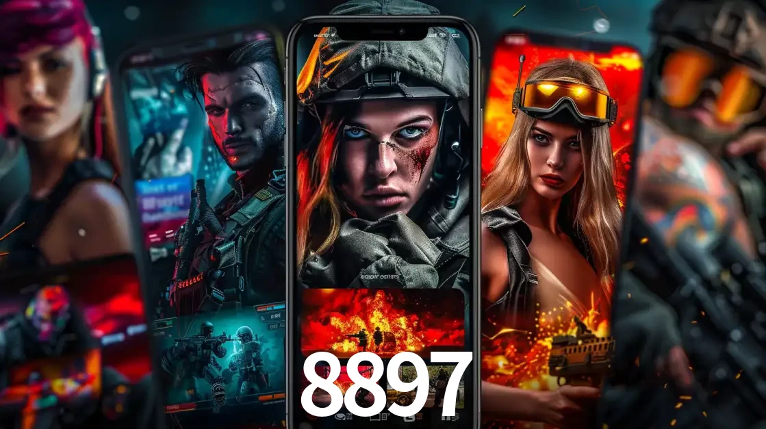 Montagem de telas de celular mostrando diversos personagens, masculinos e femininos, de um jogo de tiro, ilustrando a diversidade de equipes de e-sports para apostar no 8897.