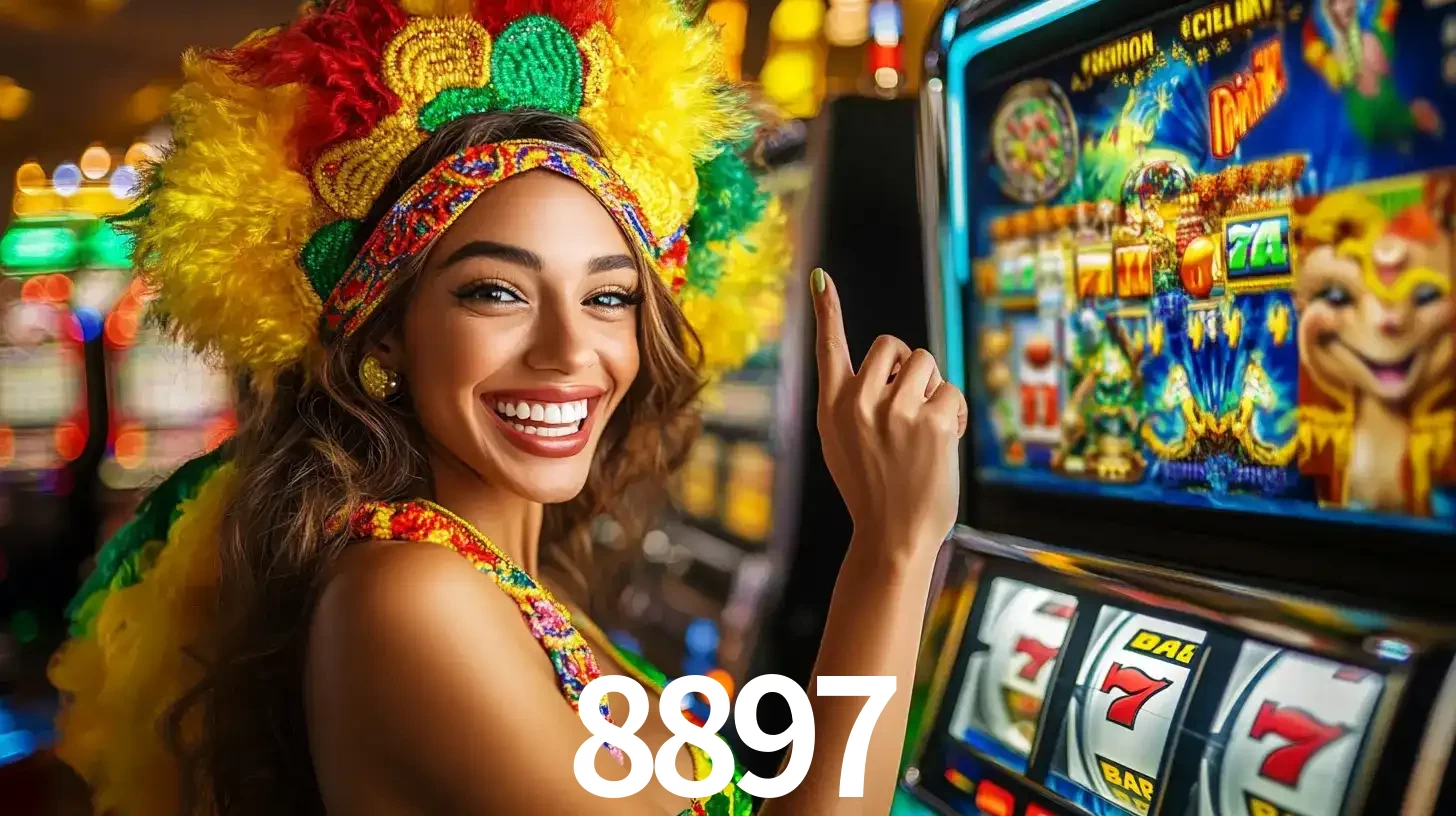 Mulher animada com um cocar de carnaval apontando para uma máquina de caça-níqueis, mostrando a emoção de ganhar um grande prêmio nos jogos do 8897.