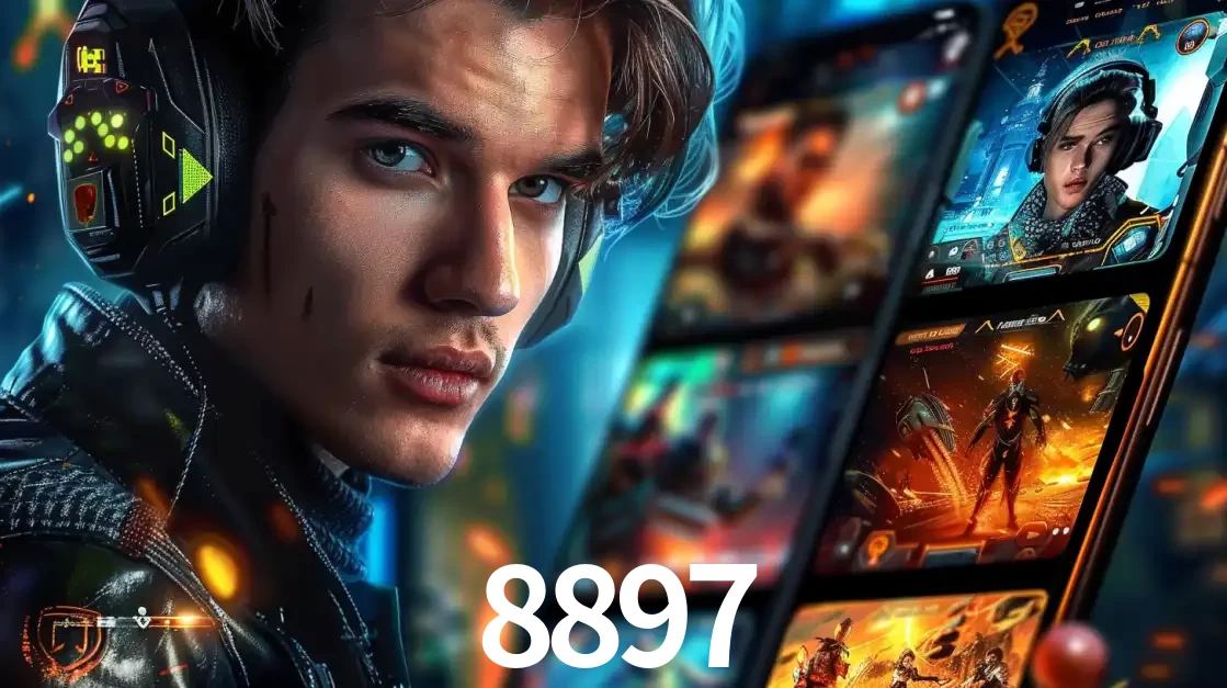 Jovem jogador com fones de ouvido olhando para a câmera, com um aplicativo de jogos e e-sports para celular ao fundo, pronto para a competição e apostas no 8897.