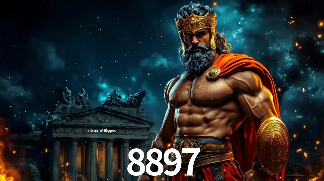 O poderoso Zeus do jogo de slot Gates of Olympus em frente ao seu templo, pronto para lançar multiplicadores divinos e prêmios épicos no cassino online 8897.