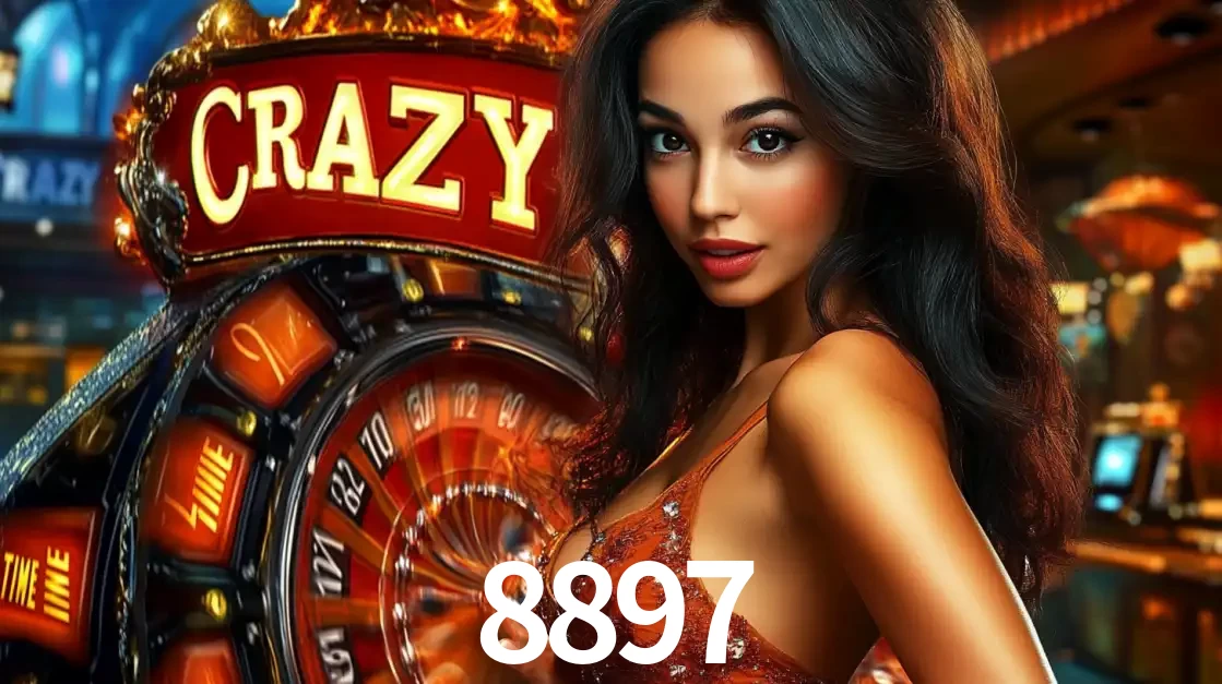 Mulher glamourosa olhando para a câmera com a roda vermelha do Crazy Time ao fundo em um ambiente de cassino, destacando a emoção dos jogos ao vivo no 8897.