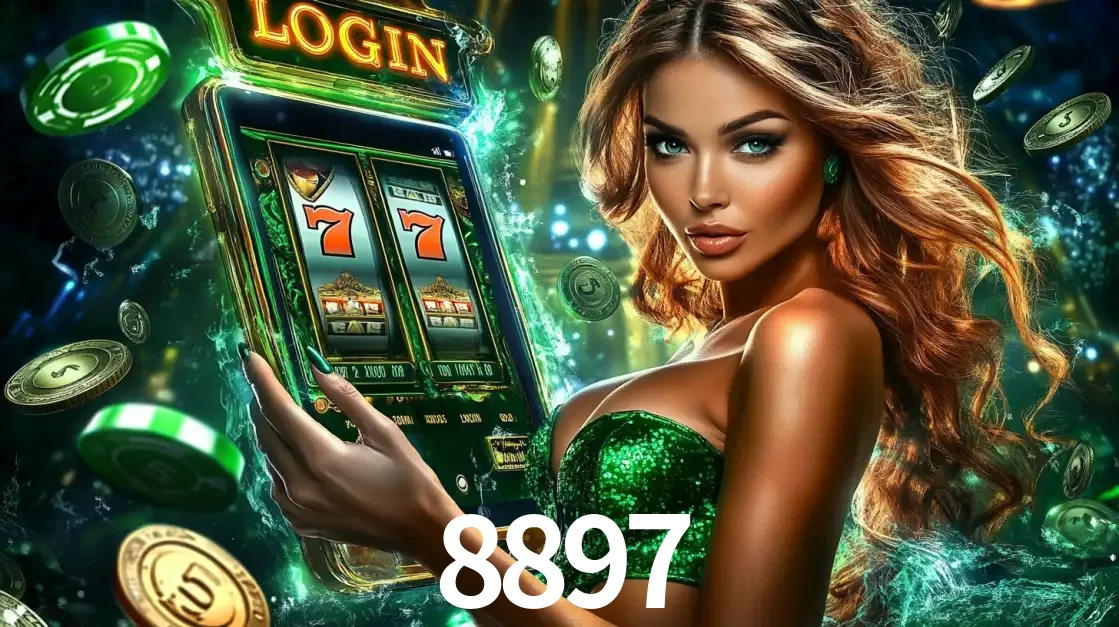 Mulher com tema verde apresentando o aplicativo do cassino 8897 com um jogo de slot de 777, cercada por fichas de cassino e uma aura de sorte.