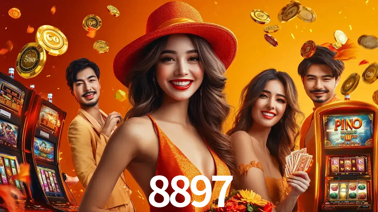 Grupo de amigos asiáticos sorrindo e se divertindo com máquinas de caça-níqueis em um ambiente festivo, celebrando suas vitórias nos jogos de cassino do 8897.