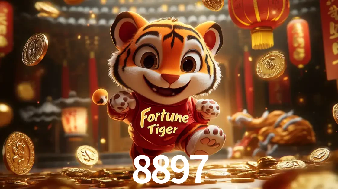 O alegre personagem do Fortune Tiger correndo sobre um caminho de moedas de ouro, simbolizando os grandes prêmios e a diversão do popular jogo de slot do 8897.