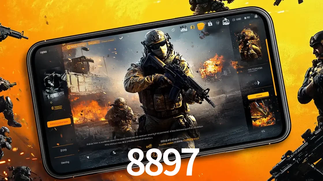 Um smartphone exibindo a interface de um jogo de tiro em primeira pessoa, com um soldado em um cenário de batalha, representando a ação dos e-sports para apostar no 8897.