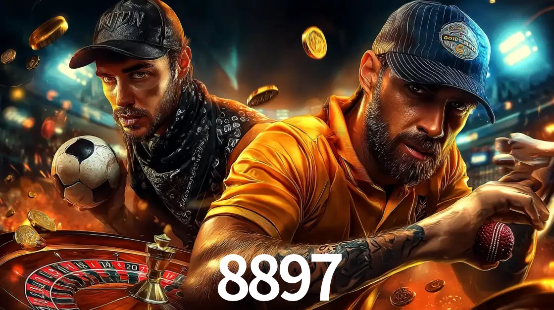 Montagem de apostas esportivas e cassino no 8897, com um homem segurando uma bola de futebol e outro uma de beisebol sobre uma roleta e moedas voadoras.