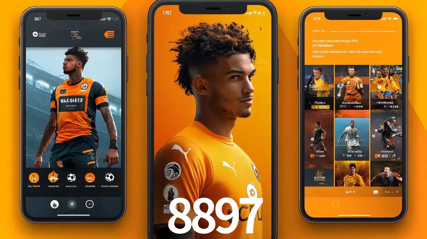 Interface do aplicativo de apostas esportivas 8897 em três telas de celular, mostrando o perfil de um jogador de futebol e a lista de jogos disponíveis para apostar.