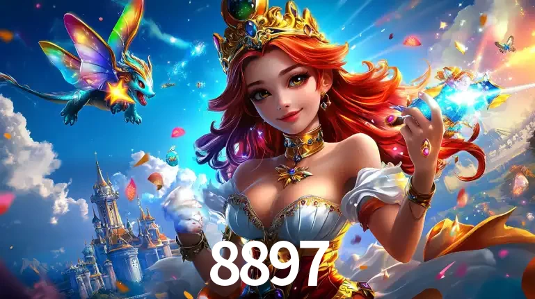 A princesa de um reino de fantasia mágico, com seu pequeno dragão, apresentando um mundo de prêmios encantados nos jogos de caça-níqueis do cassino 8897.