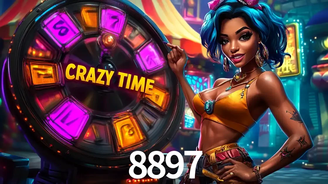Mulher estilizada com cabelo azul e visual vibrante posando ao lado da roda de prêmios do game show Crazy Time, convidando para a diversão e os bônus do cassino 8897.