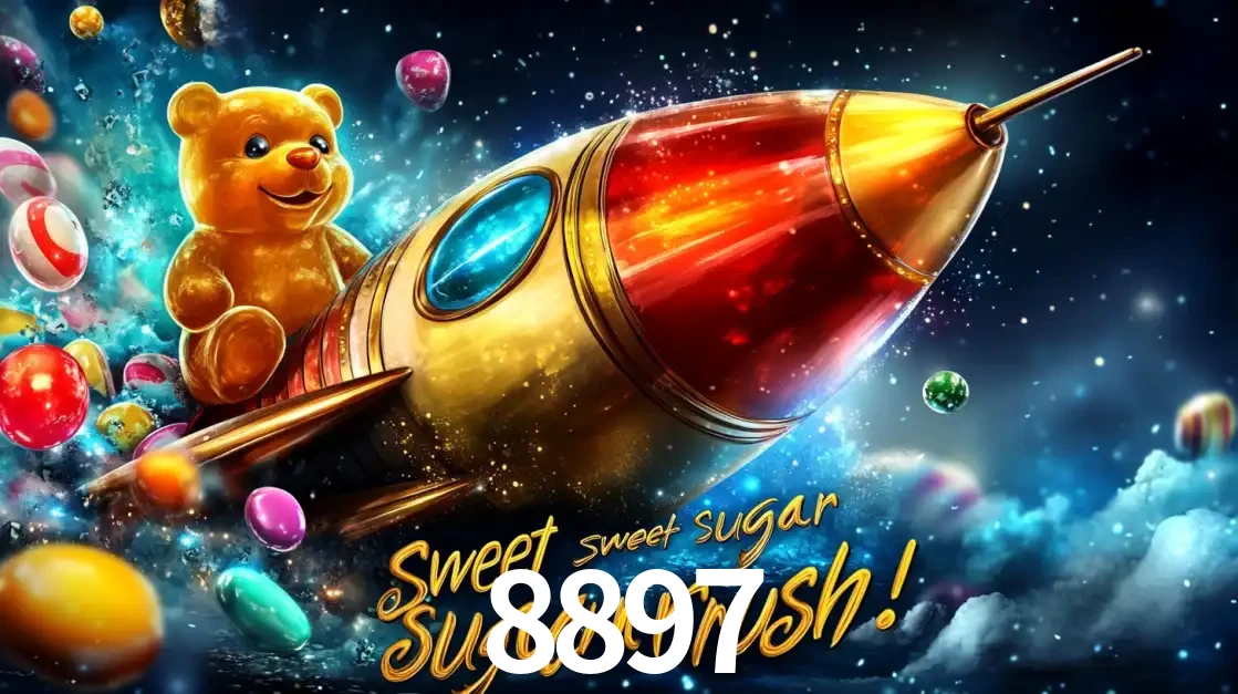 Arte promocional do jogo de slot Sugar Rush, com um urso de pelúcia em um foguete viajando pelo espaço de doces, um dos jogos divertidos disponíveis no cassino 8897.