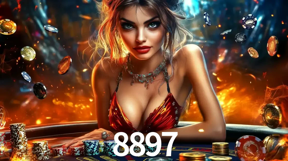 Mulher em uma mesa de cassino com pilhas de fichas e um fundo de fogo, pronta para uma rodada de altas apostas nos jogos de mesa emocionantes do cassino 8897.