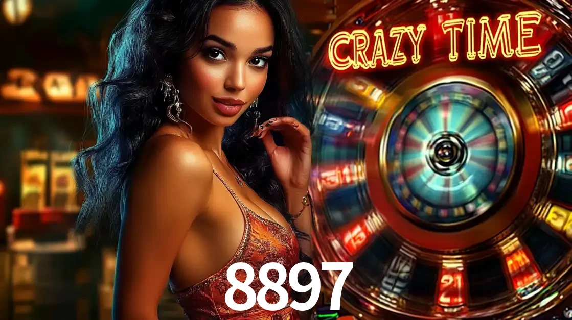 Mulher elegante ao lado da vibrante roda da fortuna do jogo de cassino ao vivo Crazy Time, um dos game shows mais populares e cheios de prêmios do 8897.