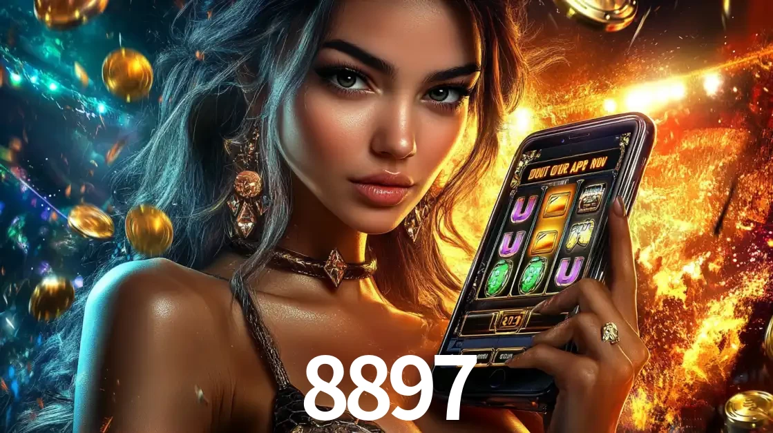 Mulher elegante mostrando um jogo de caça-níqueis em seu smartphone, destacando a experiência de cassino móvel oferecida pelo aplicativo 8897.