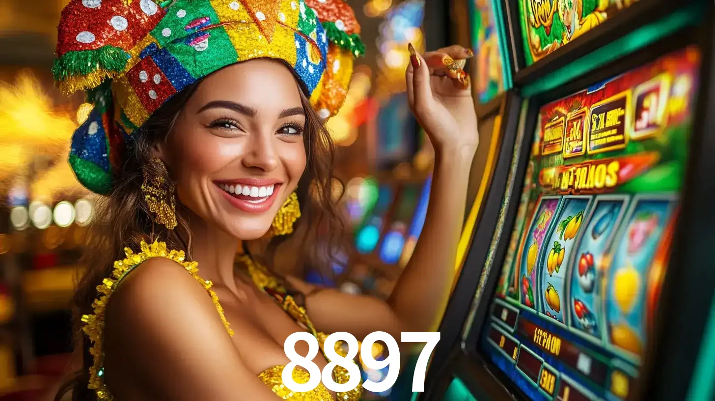 Mulher feliz com traje de carnaval amarelo e colorido ao lado de uma máquina de caça-níqueis, aproveitando a diversão e os jogos temáticos do cassino 8897.