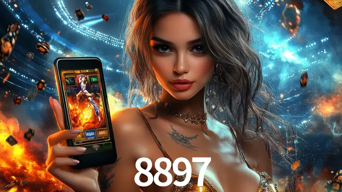 Mulher segurando um celular com um jogo de slot em destaque, tendo como fundo um estádio vibrante, simbolizando a emoção de jogar no cassino móvel 8897.
