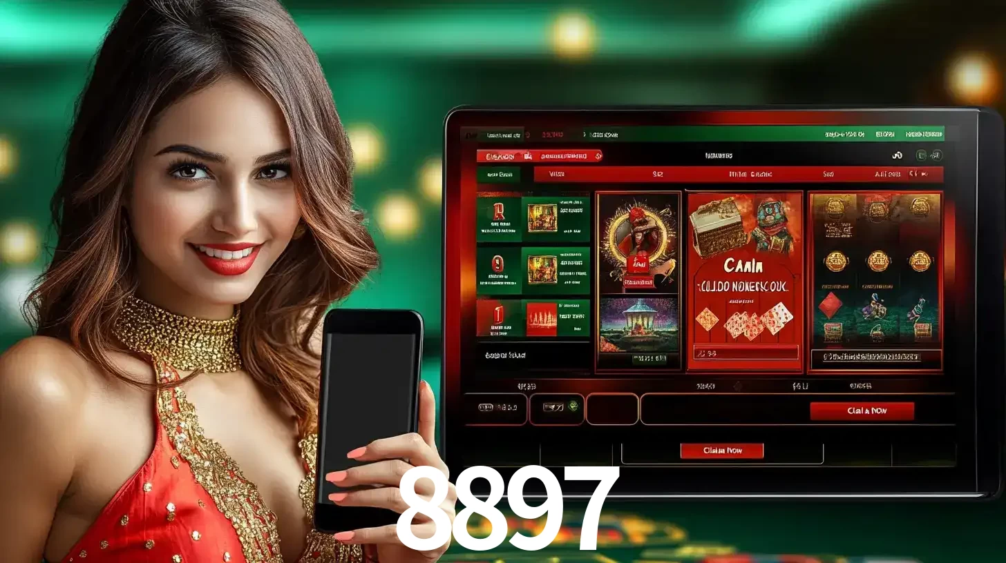 Mulher sorridente segurando um smartphone, ao lado de uma tela exibindo o lobby de jogos do cassino online 8897, com várias opções de jogos de cartas e slots.